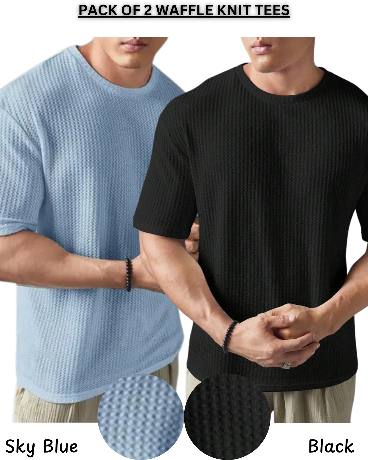 Pack of 2 – Waffle Knit Tees (Black & Sky Blue)