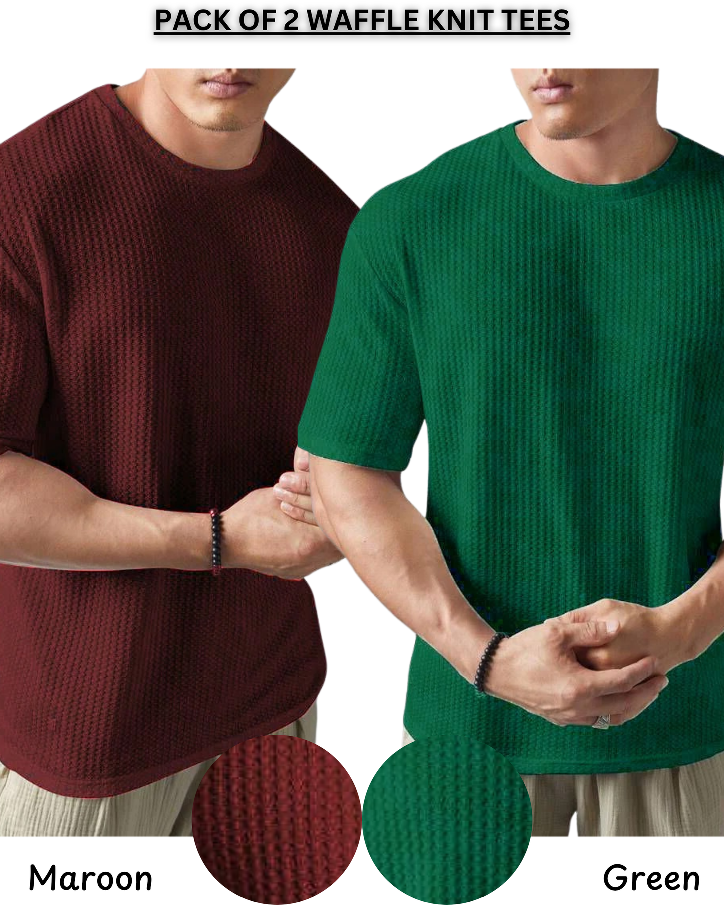 Pack of 2 – Waffle Knit Tees (Maroon & Bottle Green)
