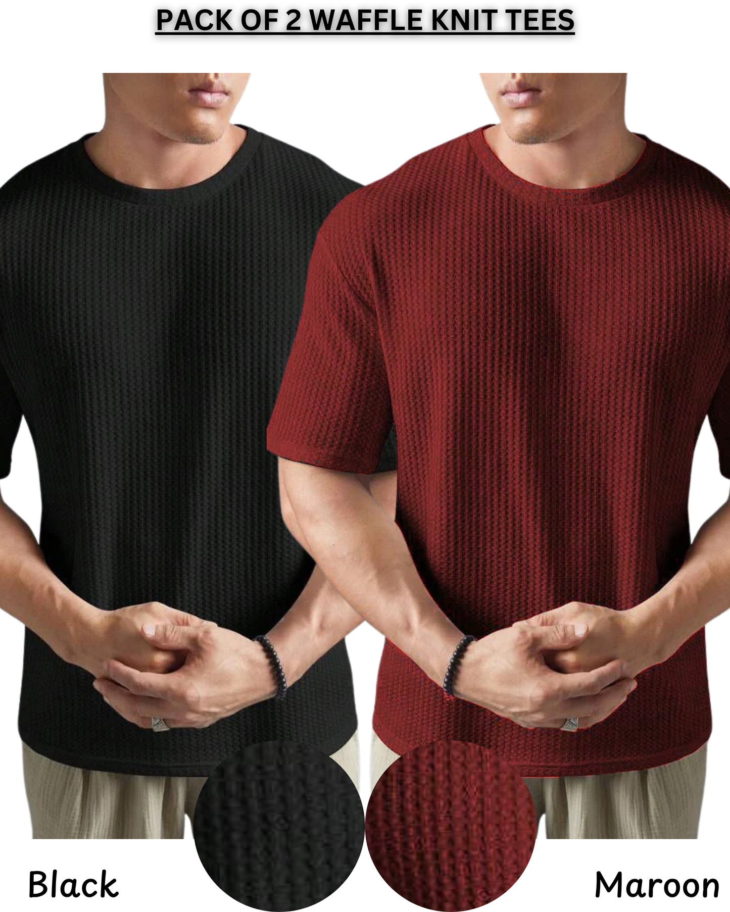 Pack of 2 – Waffle Knit Tees (Black & Maroon)