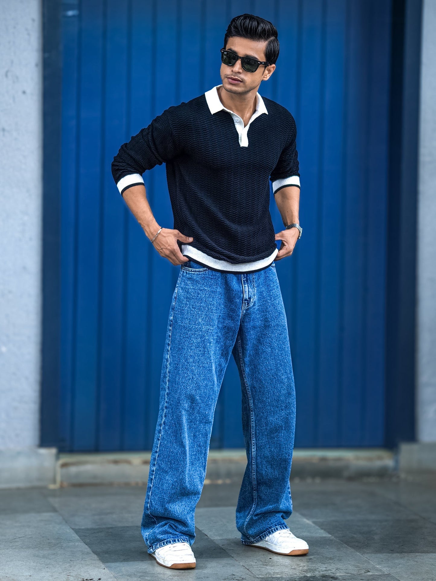 Wave Flat Knit Black Full Sleeve Polo T-Shirt