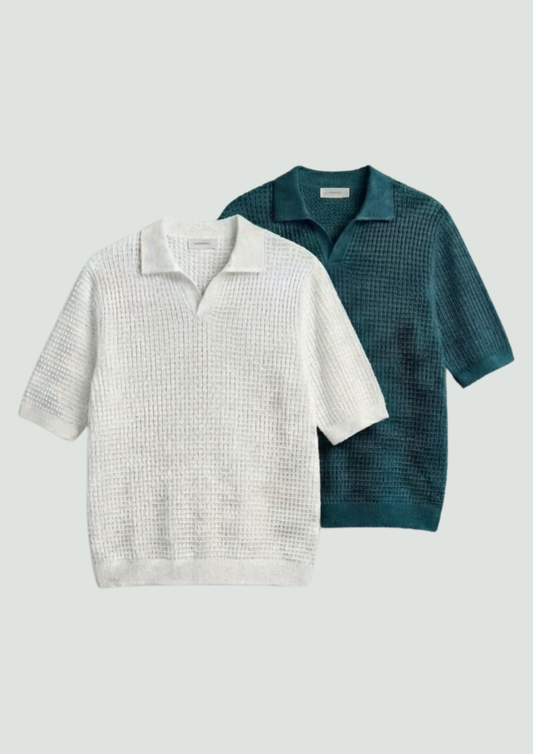2 Piece Waffle Knit Polo T-Shirt (White – Dark Teal)