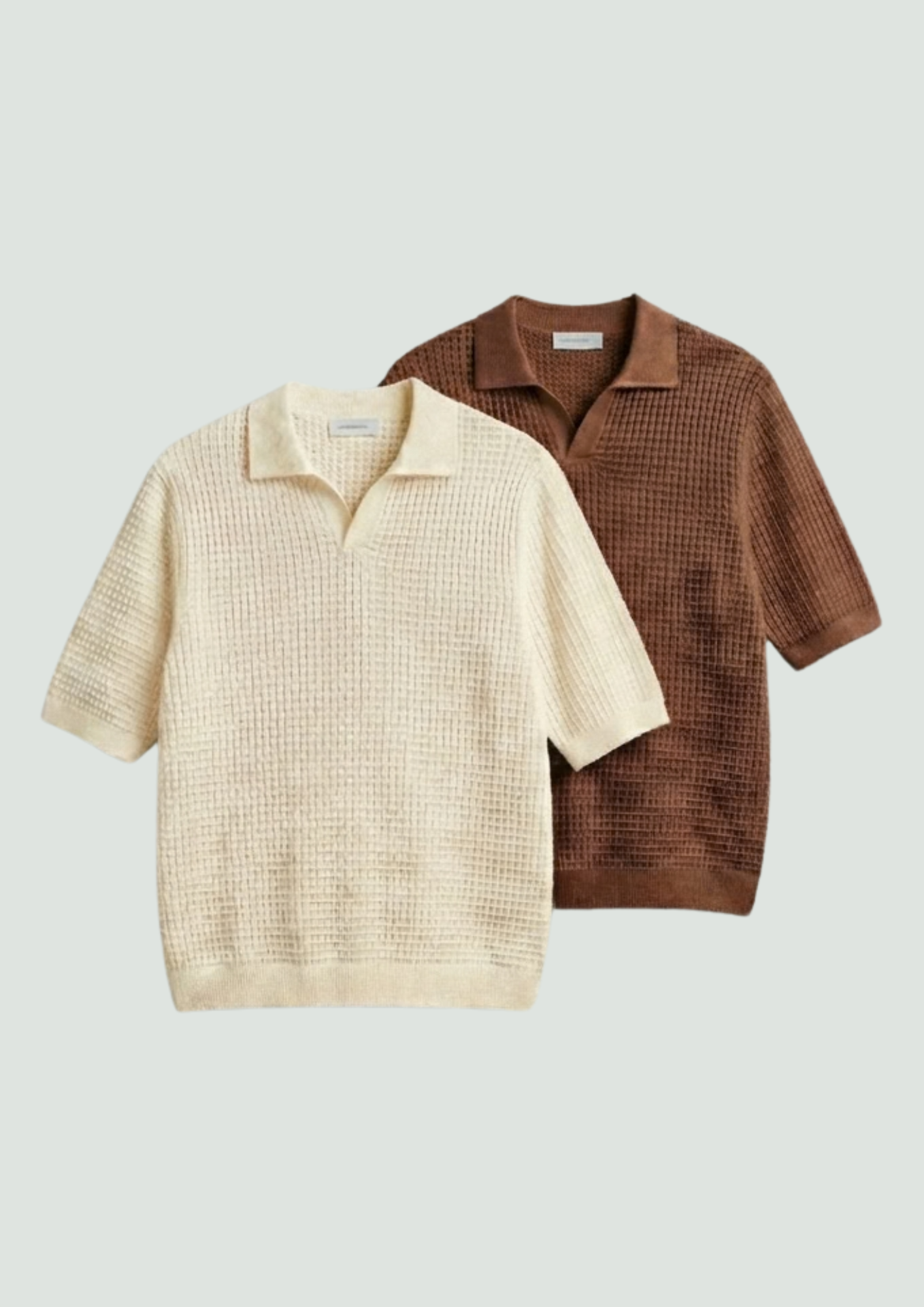 2 Piece Waffle Knit Polo T-Shirt (Cream – Mocha)