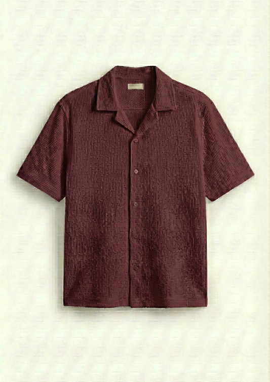 Waffle Knit Cuben Collar Shirt - Maroon