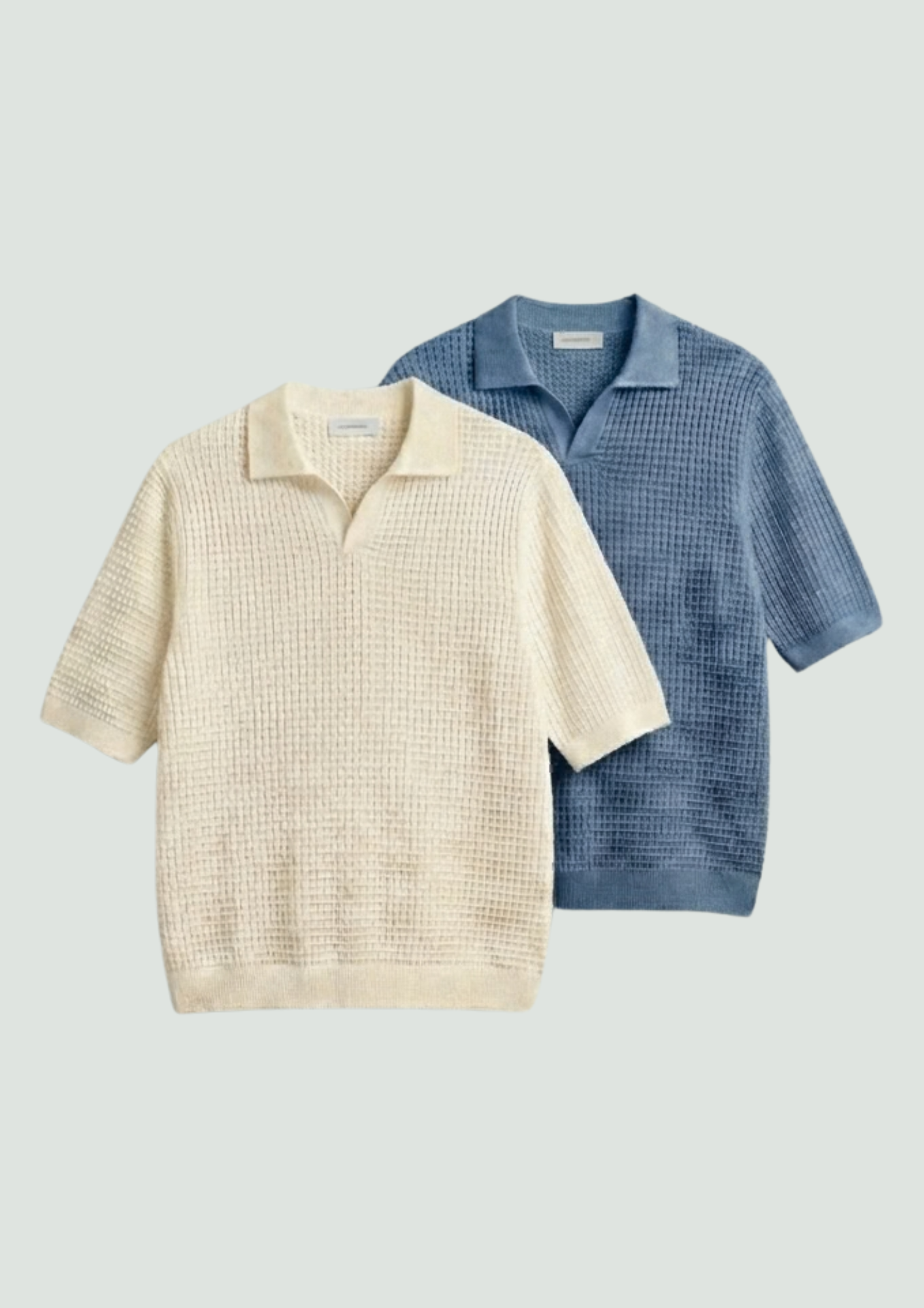 2 Piece Waffle Knit Polo T-Shirt (Cream – Steel Blue)