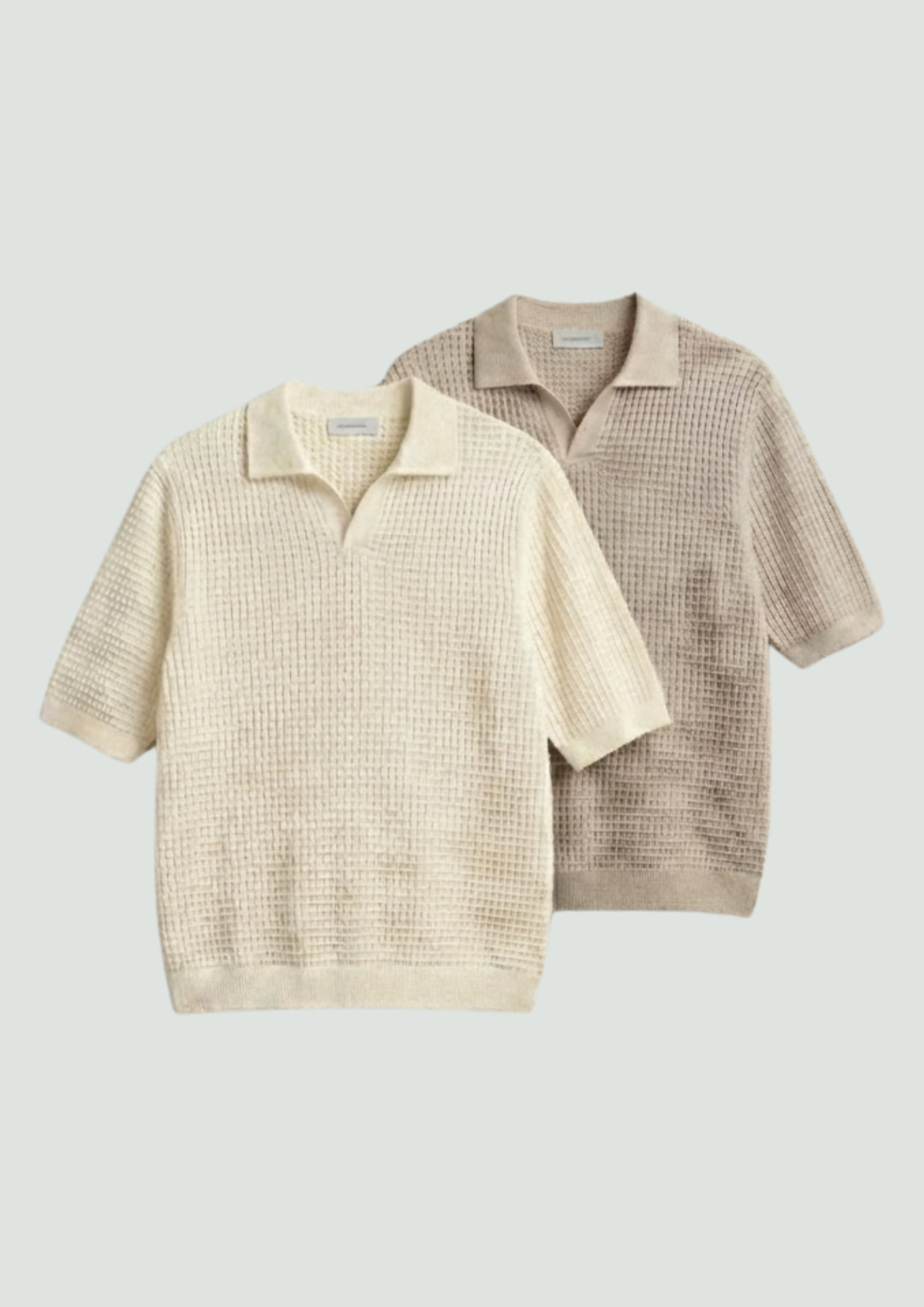 2 Piece Waffle Knit Polo T-Shirt (Cream – Desert Sand)