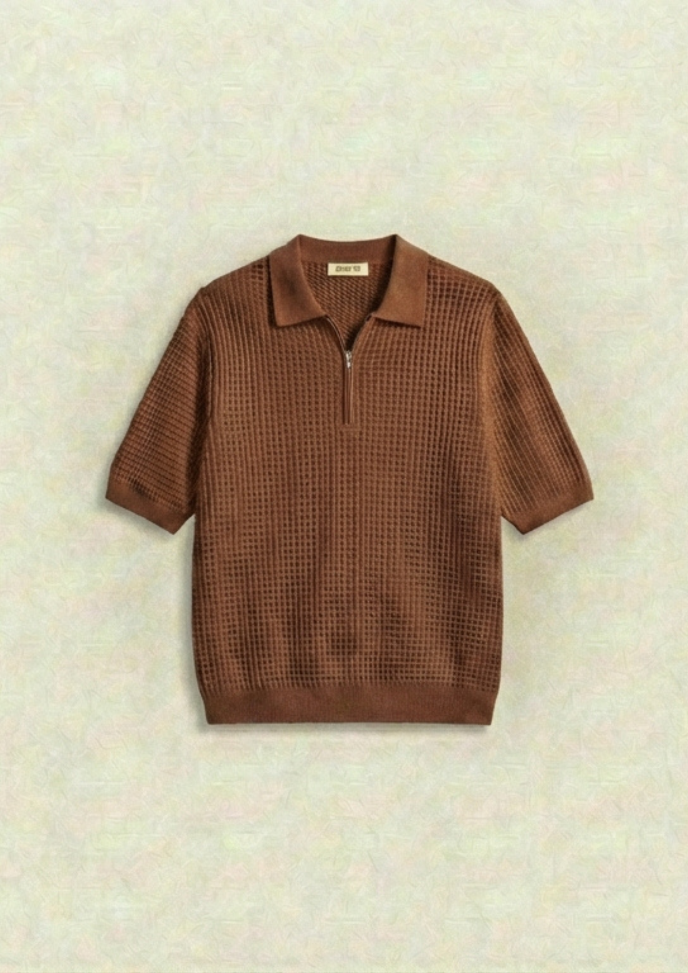 Waffle Knit Zipper Polo T-Shirt - Brown