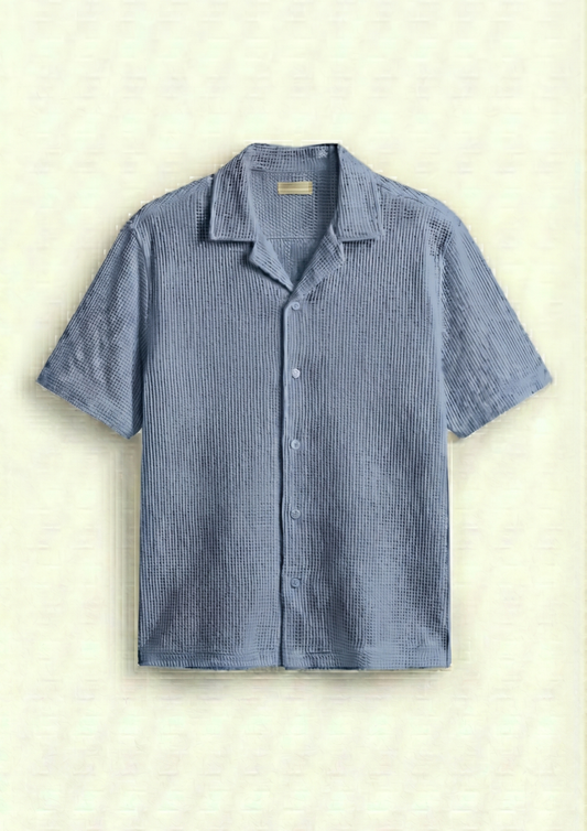 Waffle Knit Cuben Collar Shirt - Light blue