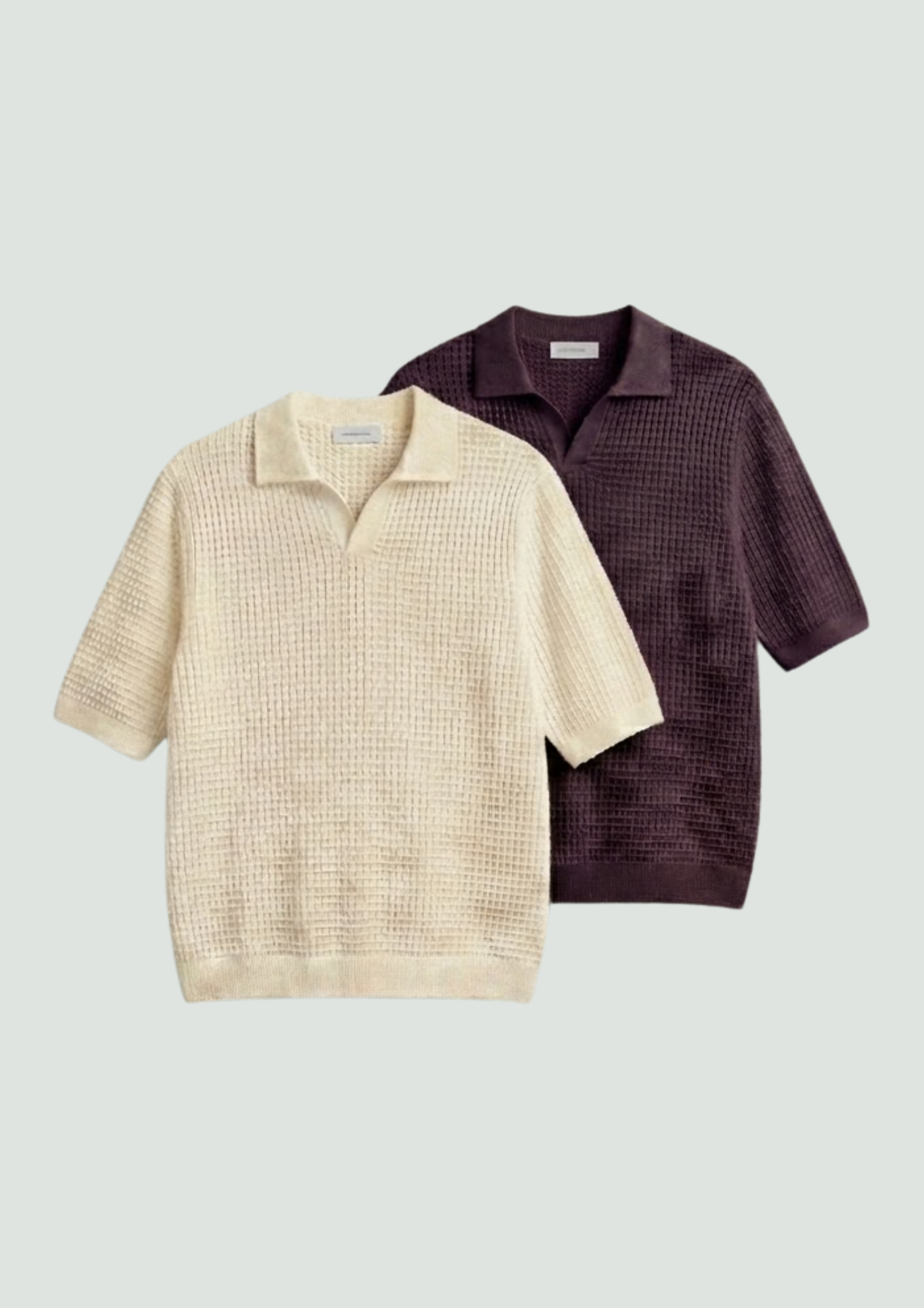 2 Piece Waffle Knit Polo T-Shirt (Cream – Midnight Plum)