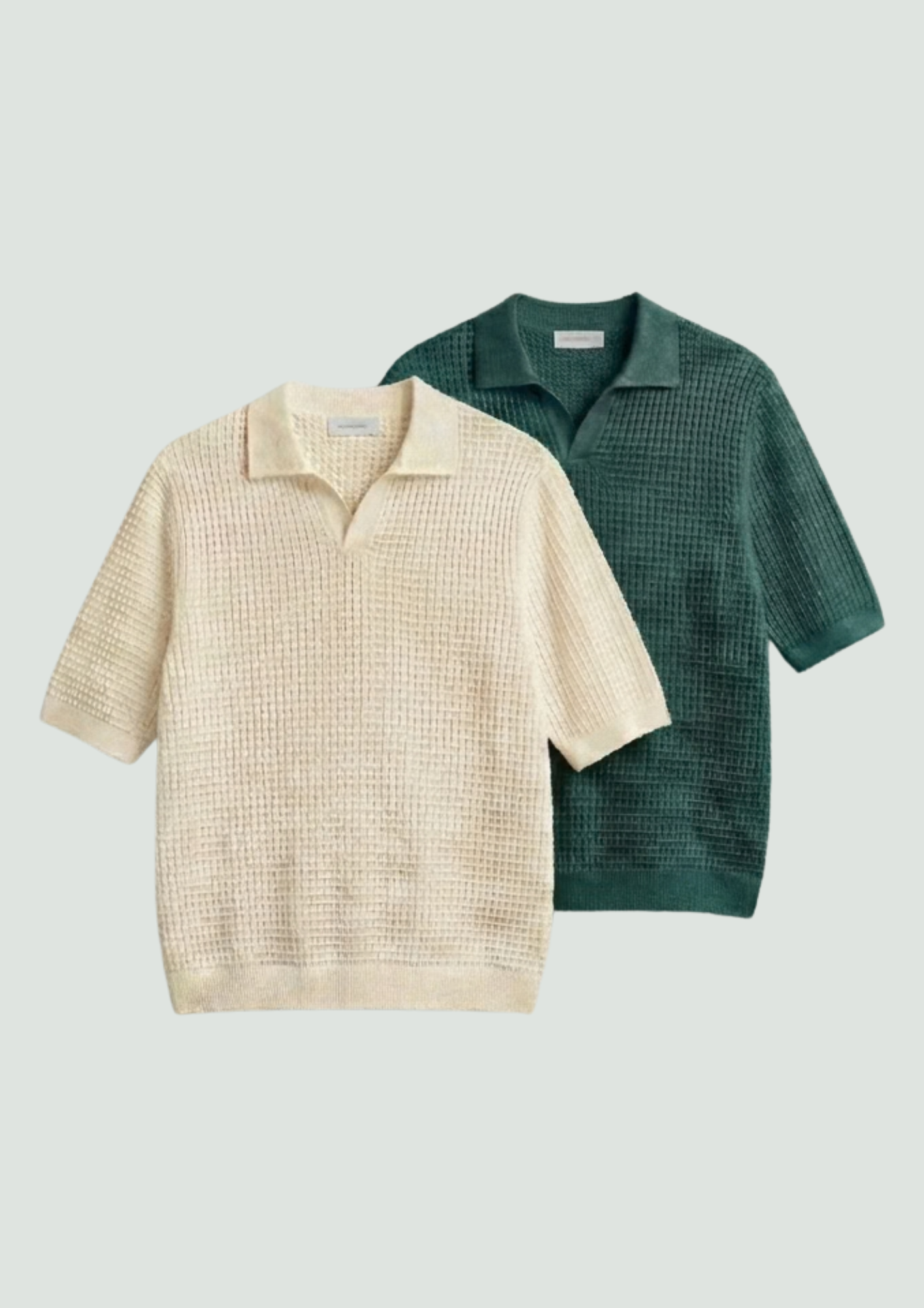 2 Piece Waffle Knit Polo T-Shirt (Cream – Dark Teal)