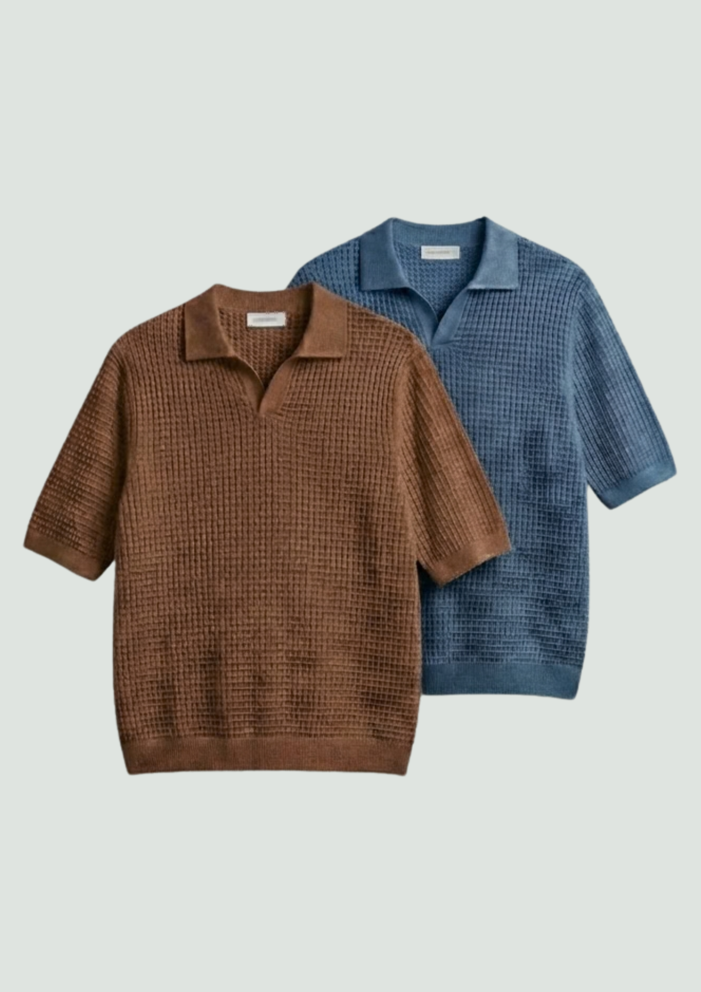 2 Piece Waffle Knit Polo T-Shirt (Brown – Steel Blue)