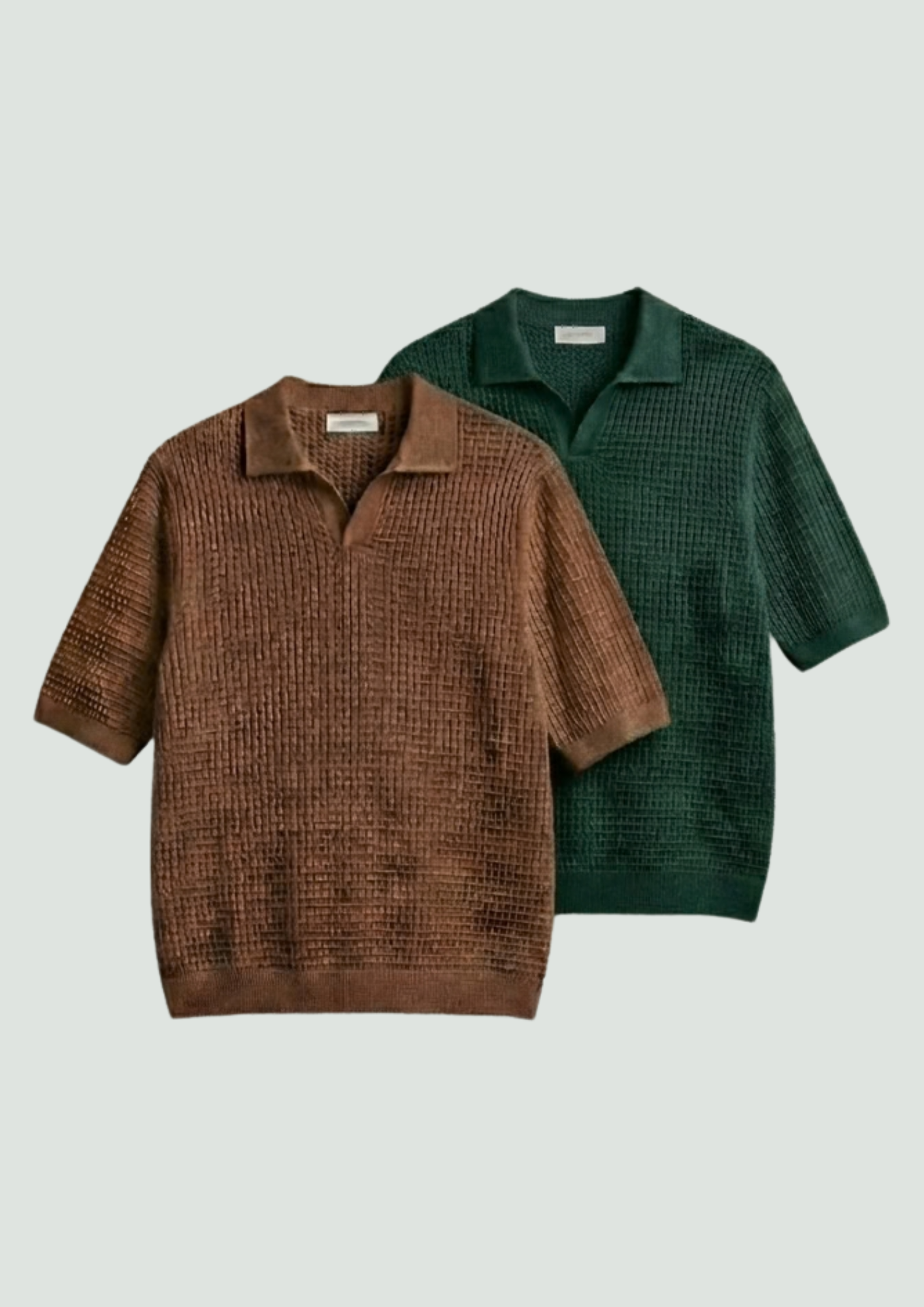 2 Piece Waffle Knit Polo T-Shirt (Brown – Bottle Green)