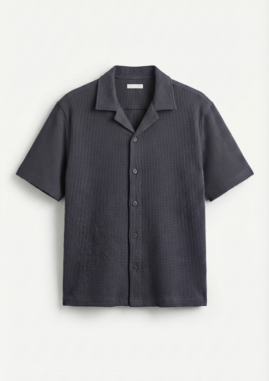 Waffle Knit Cuben Collar Shirt - Charcoal