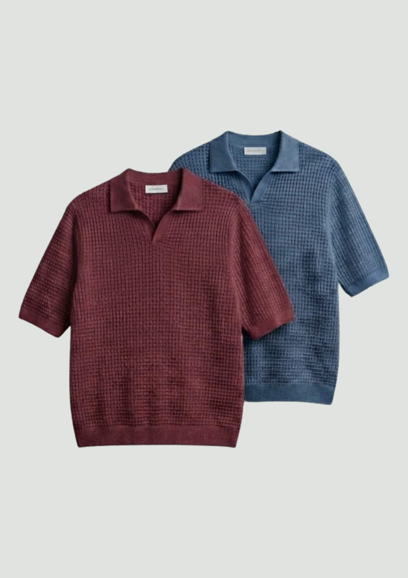 2 Piece Waffle Knit Polo T-Shirt (Steel Blue – Maroon)