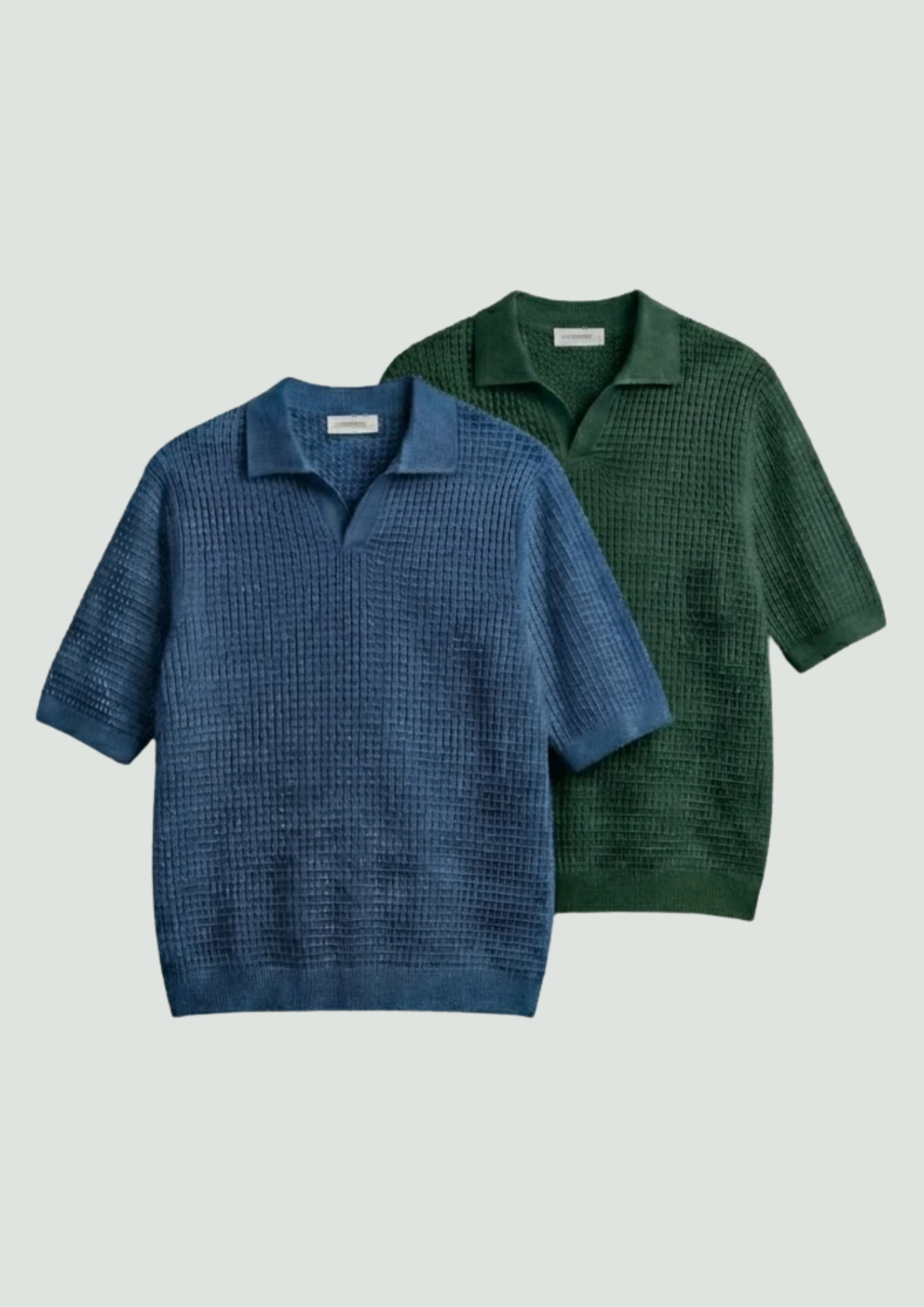 2 Piece Waffle Knit Polo T-Shirt (Steel Blue – Forest Green)