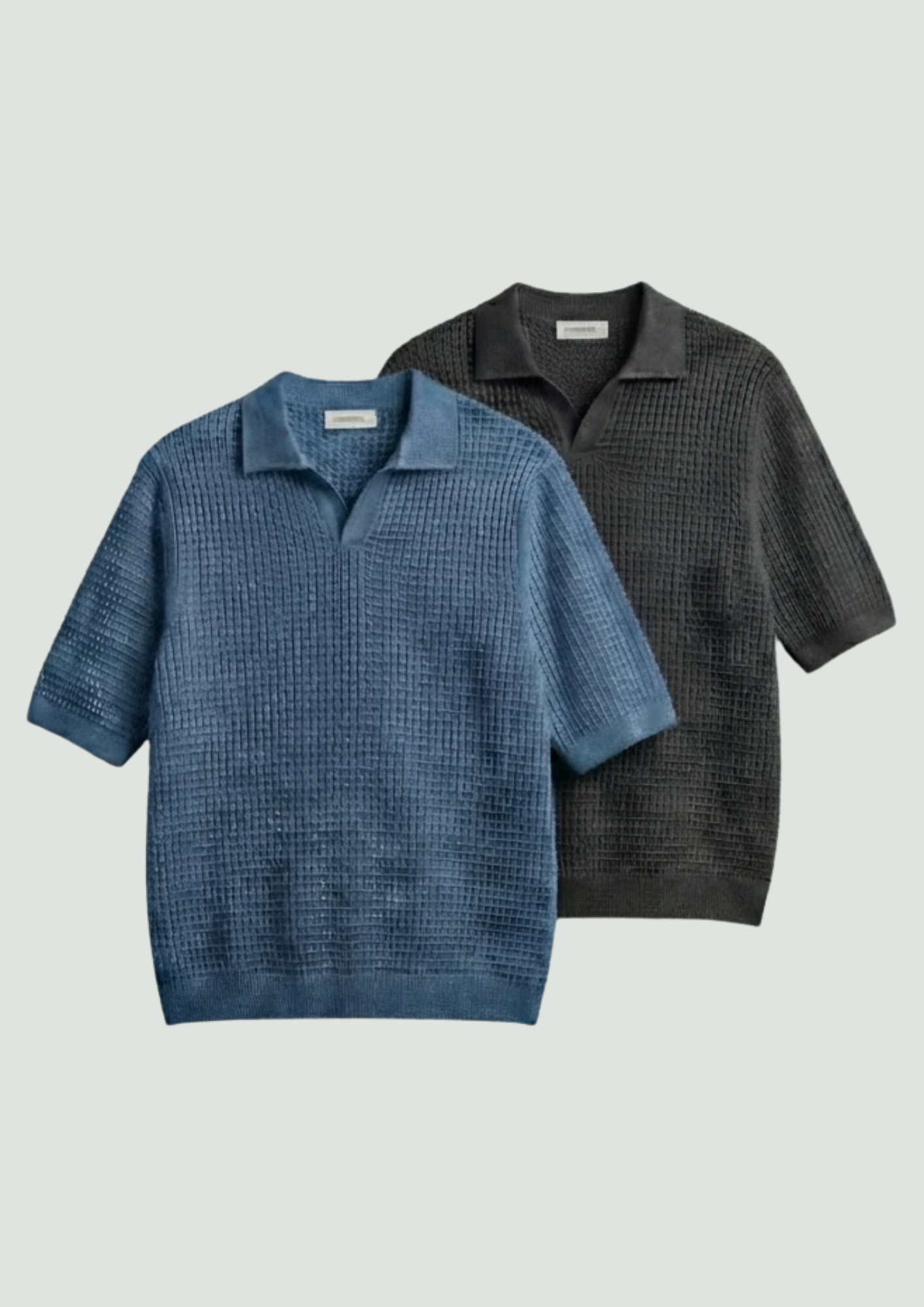 2 Piece Waffle Knit Polo T-Shirt (Steel Blue – Charcoal)