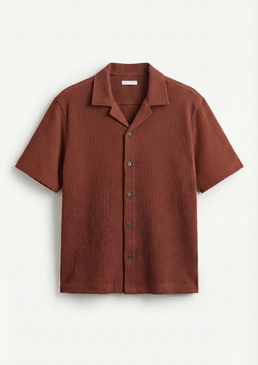 Waffle Knit Cuben Collar Shirt - Rust