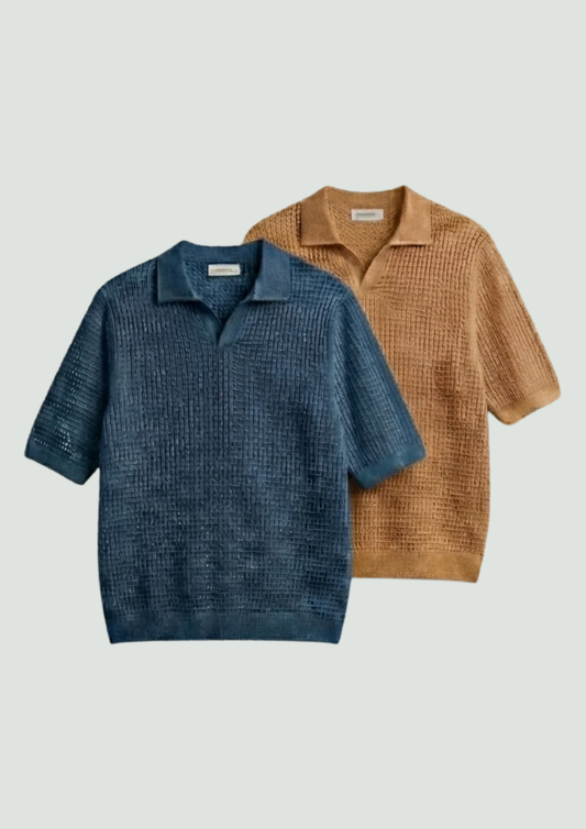 2 Piece Waffle Knit Polo T-Shirt (Steel Blue – Desert Sand)