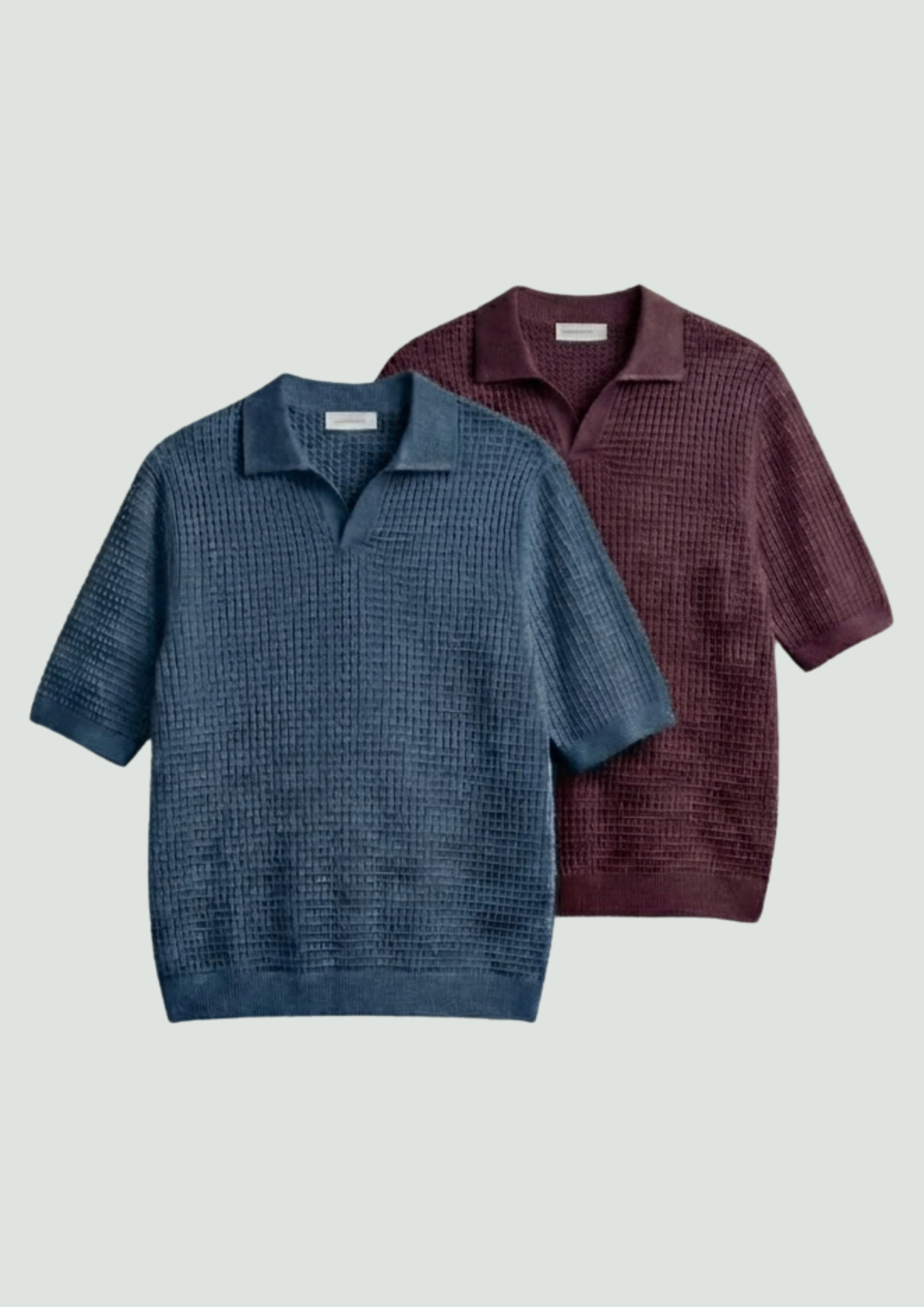 2 Piece Waffle Knit Polo T-Shirt (Steel Blue – Midnight Plum)