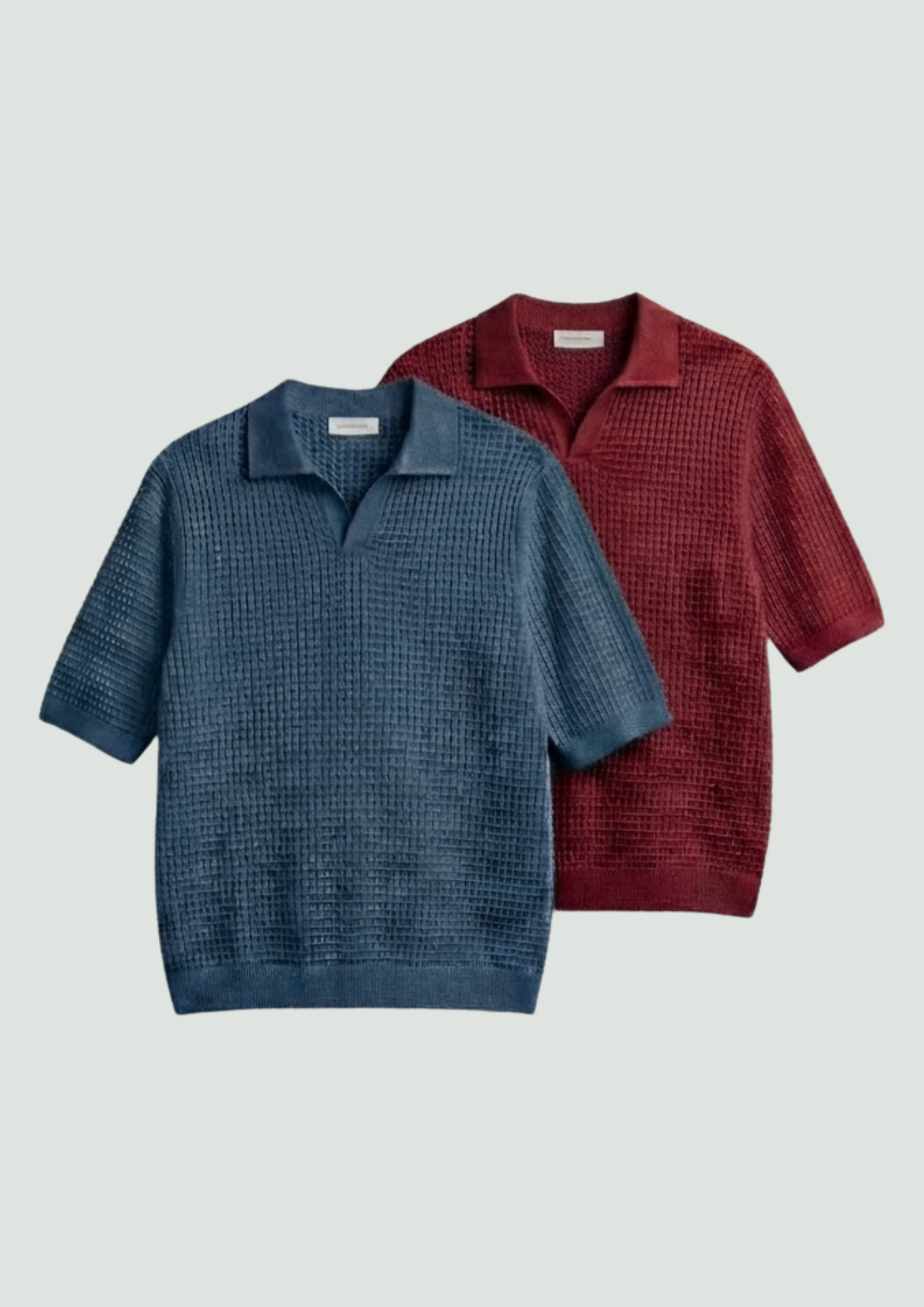 2 Piece Waffle Knit Polo T-Shirt (Steel Blue – Red)