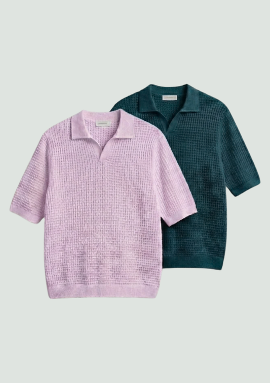 2 Piece Waffle Knit Polo T-Shirt (Lilac – Dark Teal)