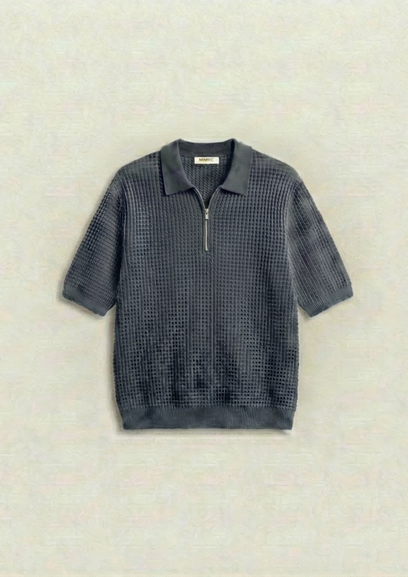 Waffle Knit Zipper Polo T-Shirt - Steel Grey