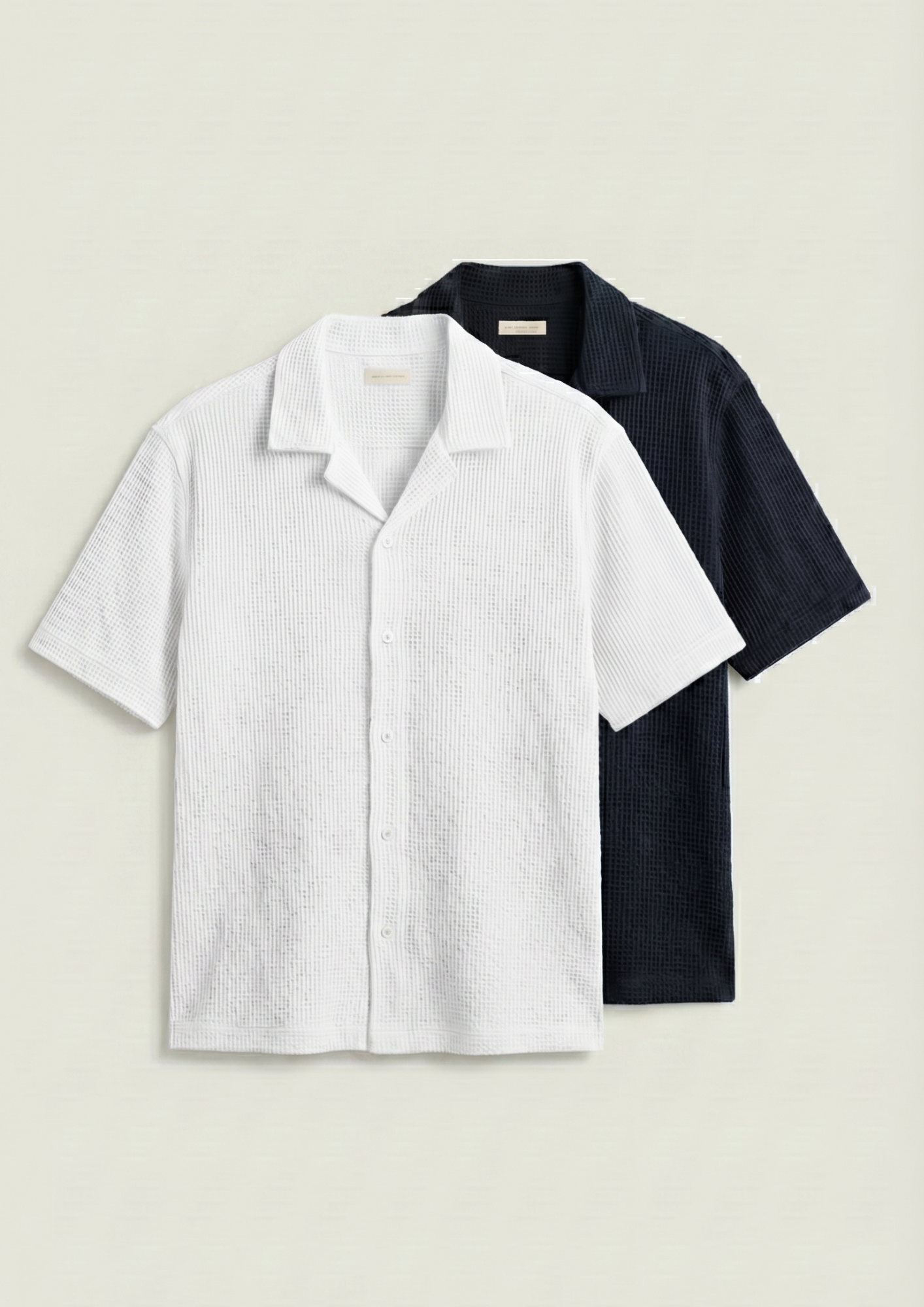Pack Of 2 Waffle Knit Cuben Collar Shirt - (White - Black)
