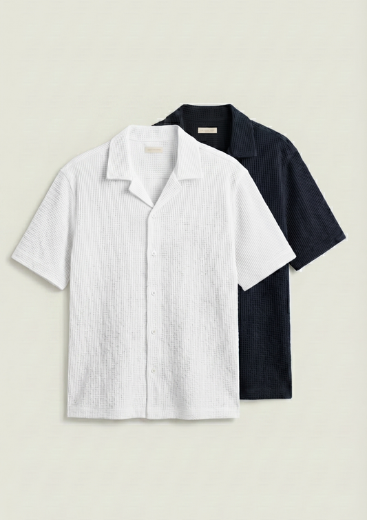 Pack Of 2 Waffle Knit Cuben Collar Shirt - (White - Black)