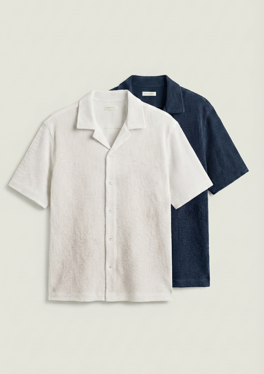 Pack Of 2 Waffle Knit Cuben Collar Shirt - (White - Navy Blue)