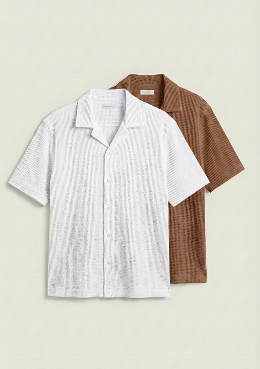 Pack Of 2 Waffle Knit Cuben Collar Shirt - (White -  Brown)