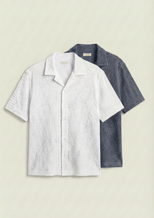 Pack Of 2 Waffle Knit Cuben Collar Shirt - (White - Steel Gray)