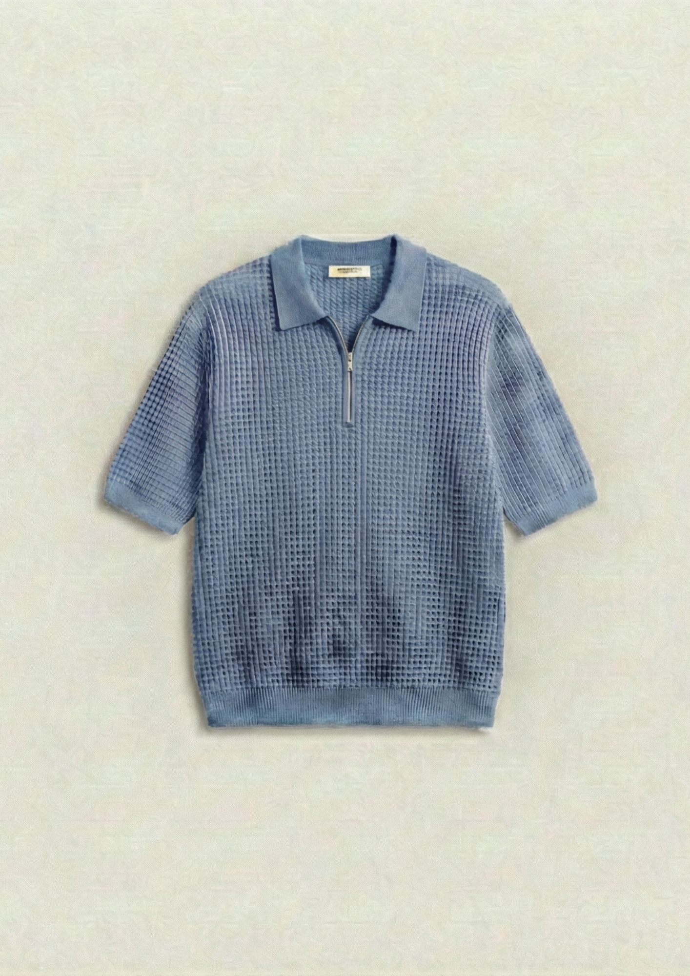 Waffle Knit Zipper Polo T-Shirt - Light Blue