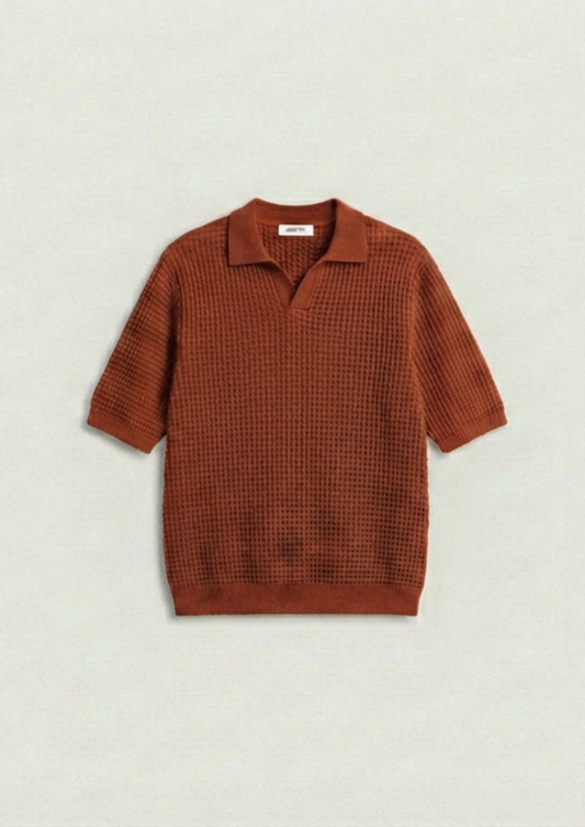Waffle Knit Polo T-Shirt - Rust