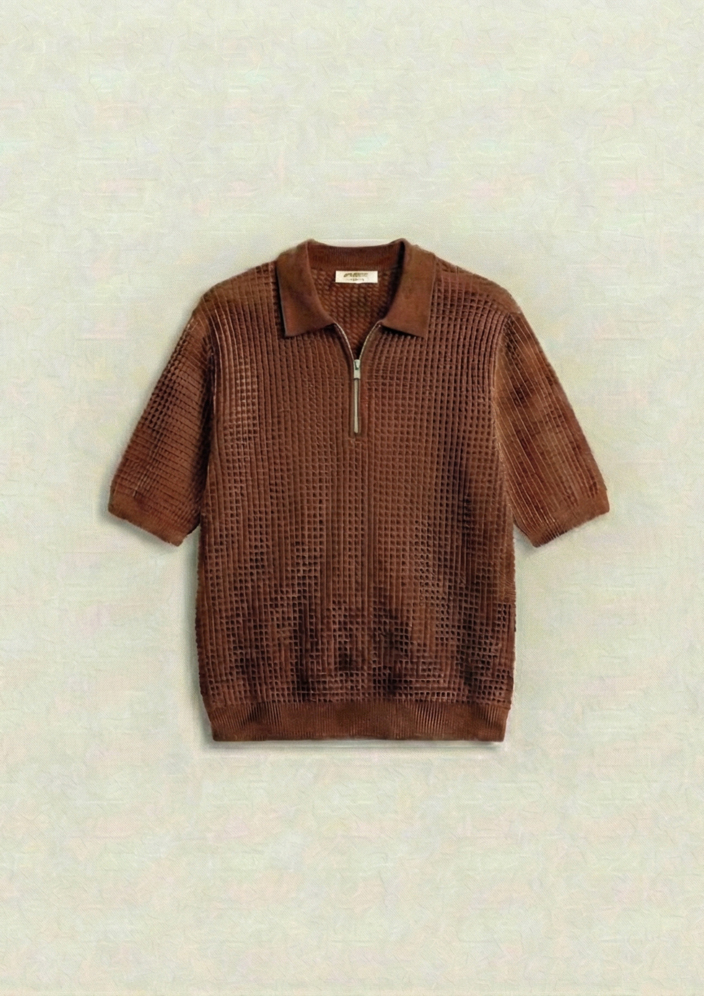 Waffle Knit Zipper Polo T-Shirt - Rust