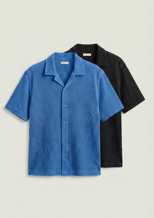 Pack Of 2 Waffle Knit Cuben Collar Shirt - (Dodger Blue – Black)