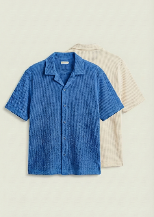 Pack Of 2 Waffle Knit Cuben Collar Shirt - (Dodger Blue – Cream)