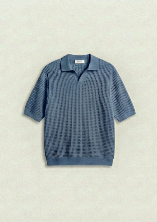 Waffle Knit Polo T-Shirt - Steel Blue