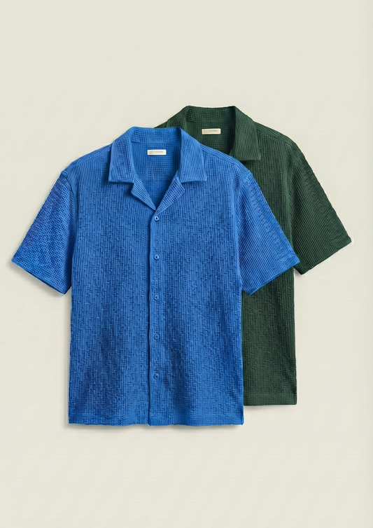 Pack Of 2 Waffle Knit Cuben Collar Shirt - (Dodger Blue – Bottle Green)