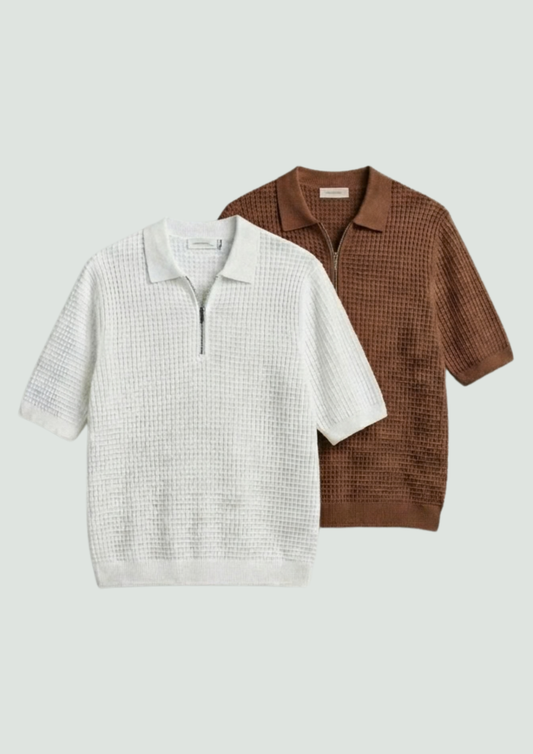 Pack of 2 – Waffle Knit Zipper Polo - (White – Brown)