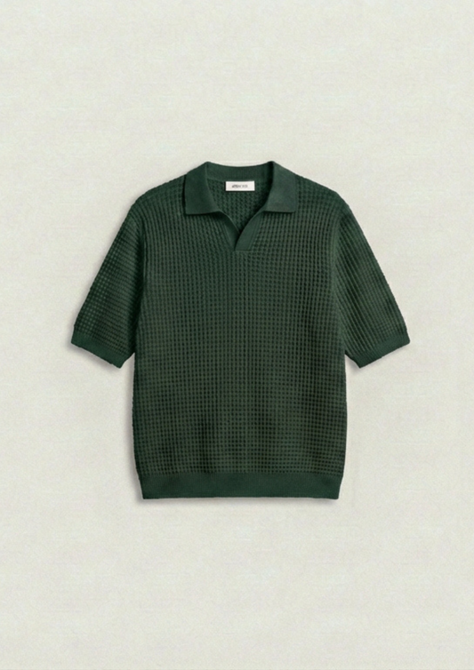Waffle Knit Polo T-Shirt - Bottle Green