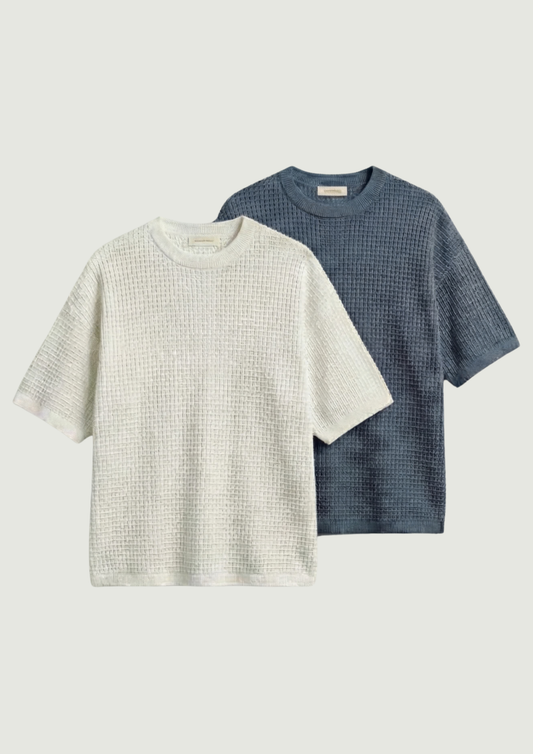 Pack of 2 – Waffle Knit Oversized Tees - (White – Steel Blue)