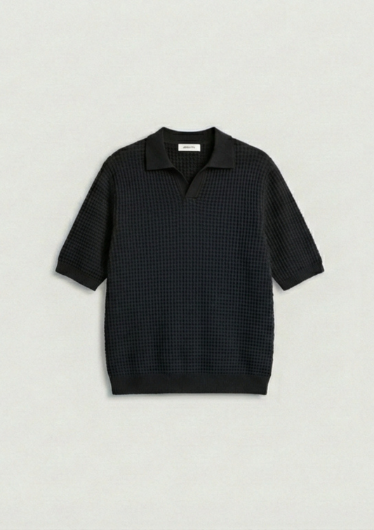 Waffle Knit Polo T-Shirt - Black