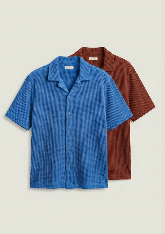 Pack Of 2 Waffle Knit Cuben Collar Shirt - (Dodger Blue – Rust)