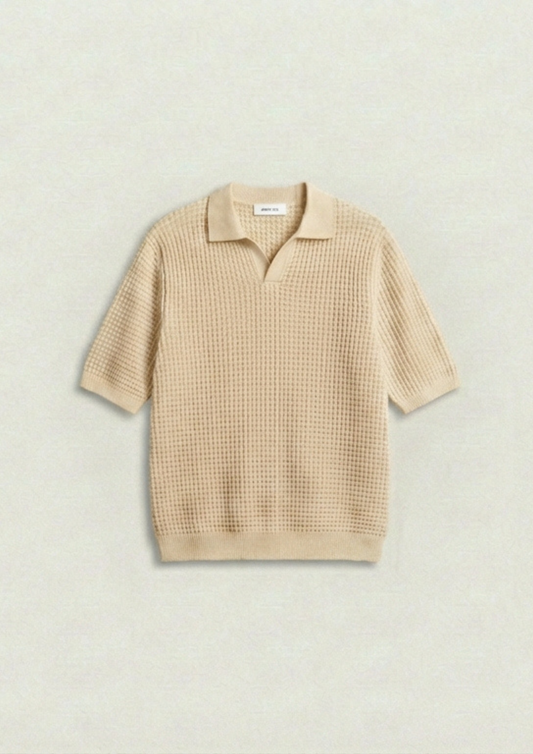 Waffle Knit Polo T-Shirt - Cream