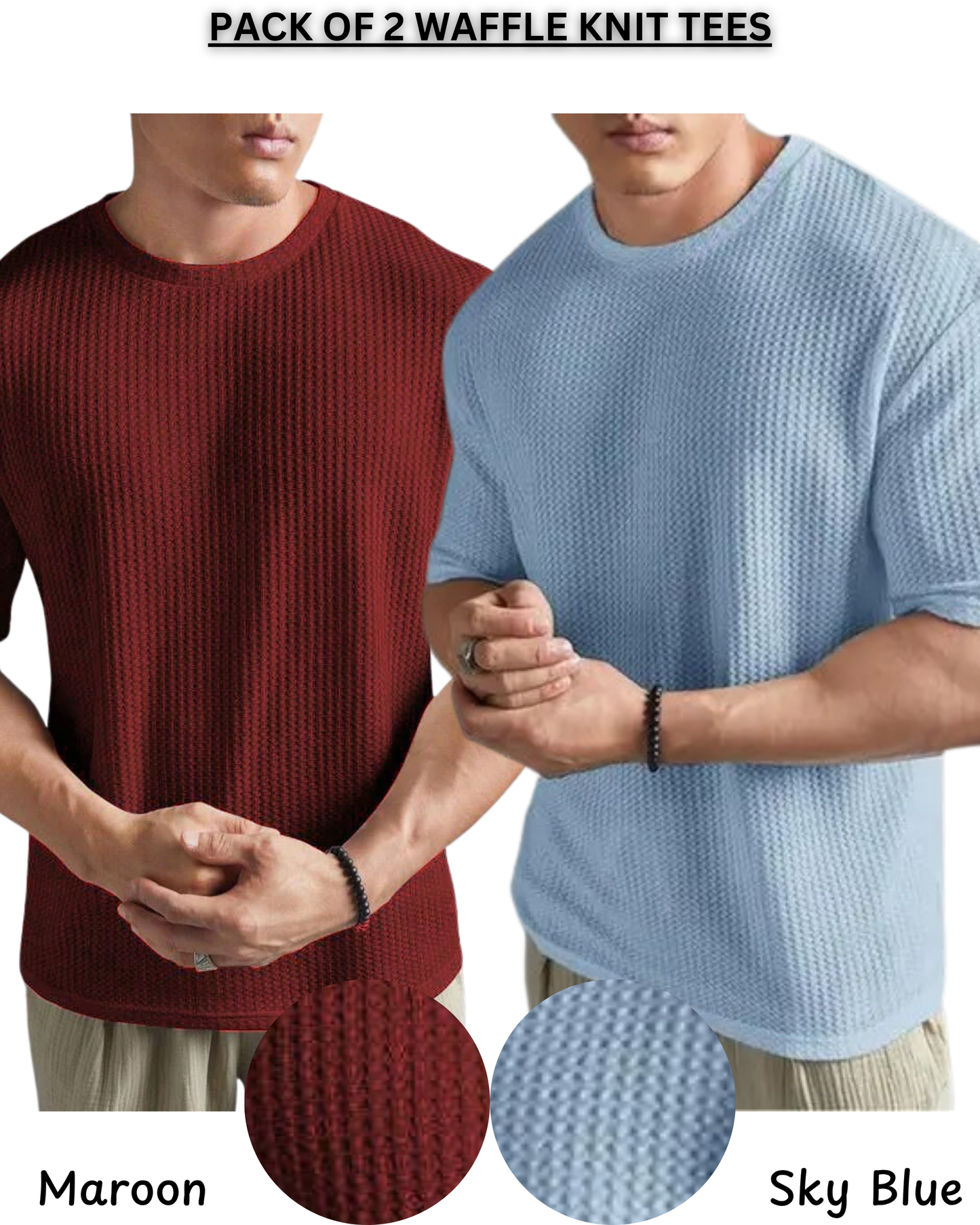 Pack of 2 – Waffle Knit Tees (Maroon & Sky Blue)