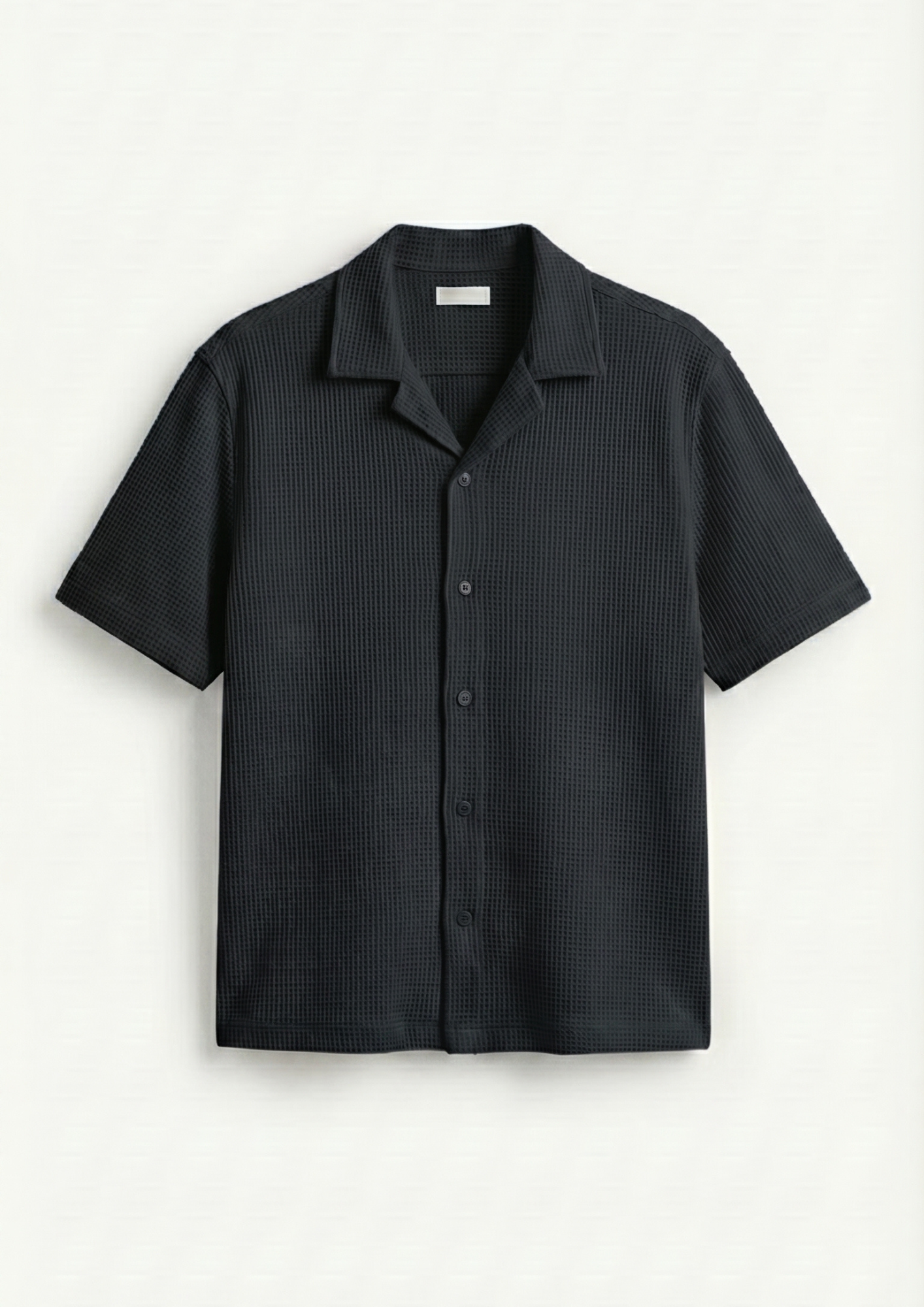 Waffle Knit Cuben Collar Shirt - black