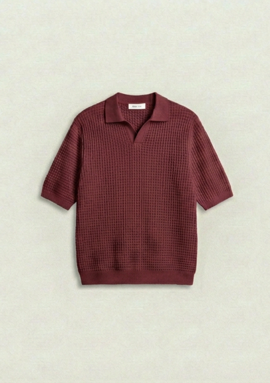 Waffle Knit Polo T-Shirt - Maroon