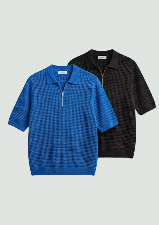 Pack of 2 – Waffle Knit Zipper Polo - (Dodger Blue – Black)