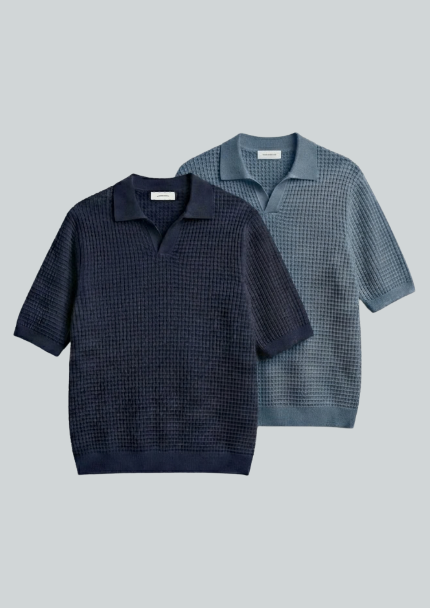 2 Piece Waffle Knit Polo T-Shirt (Navy Blue – Steel Blue)