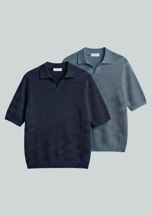 2 Piece Waffle Knit Polo T-Shirt (Navy Blue – Steel Blue)