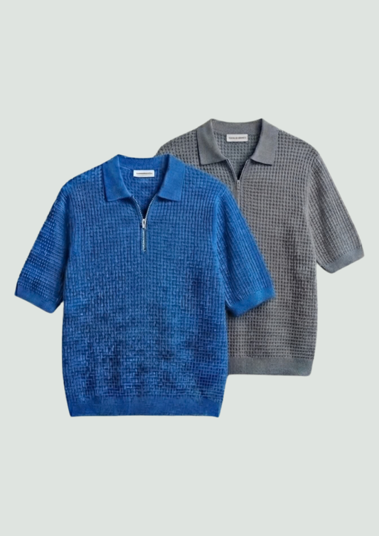 Pack of 2 – Waffle Knit Zipper Polo - (Dodger Blue – Steel Gray)